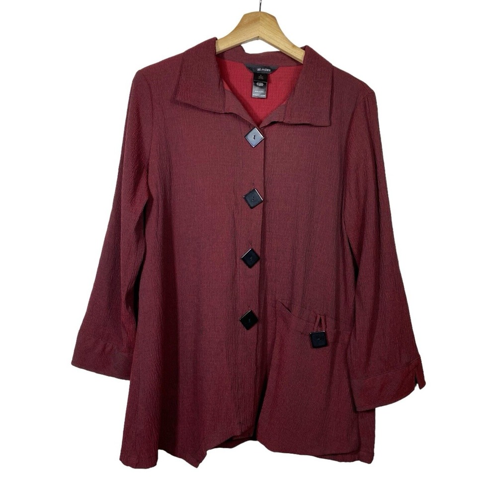Ali Miles Womens Tunic Top S Red Black Abstract Button Up Lagenlook Asymmetrical